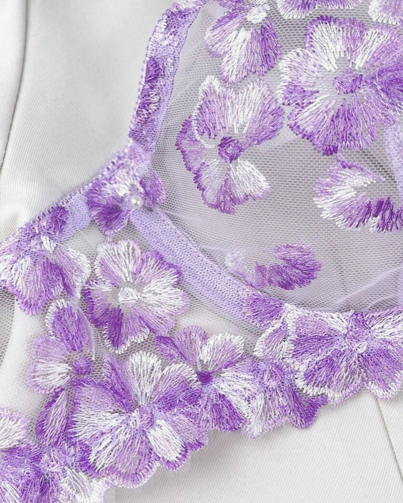 Floral Embroidered Mesh Bra And Panty - purple - large